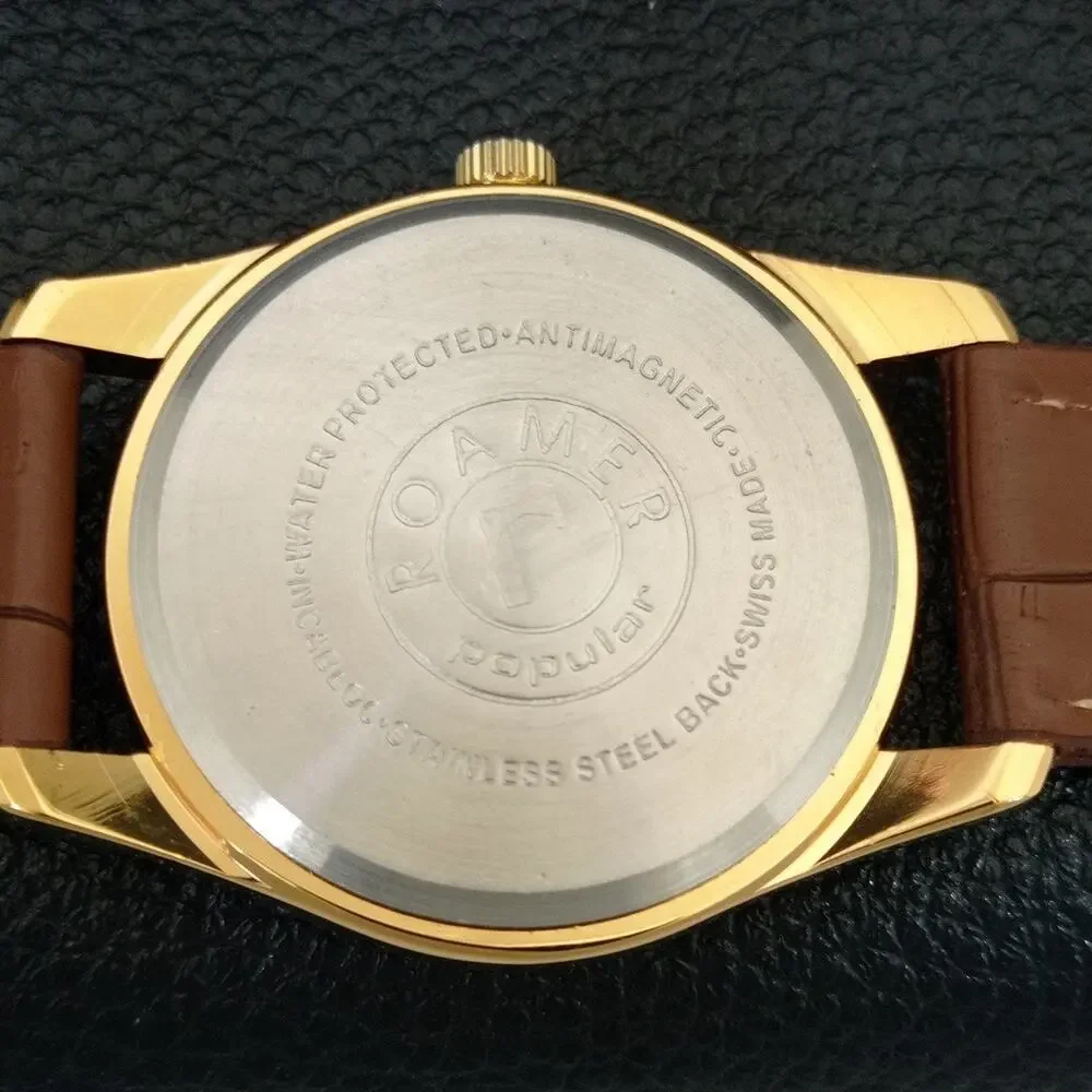 Vintage 1973 Roamer Manual Mens Gold Watch W/Leather Strap & Silver accents